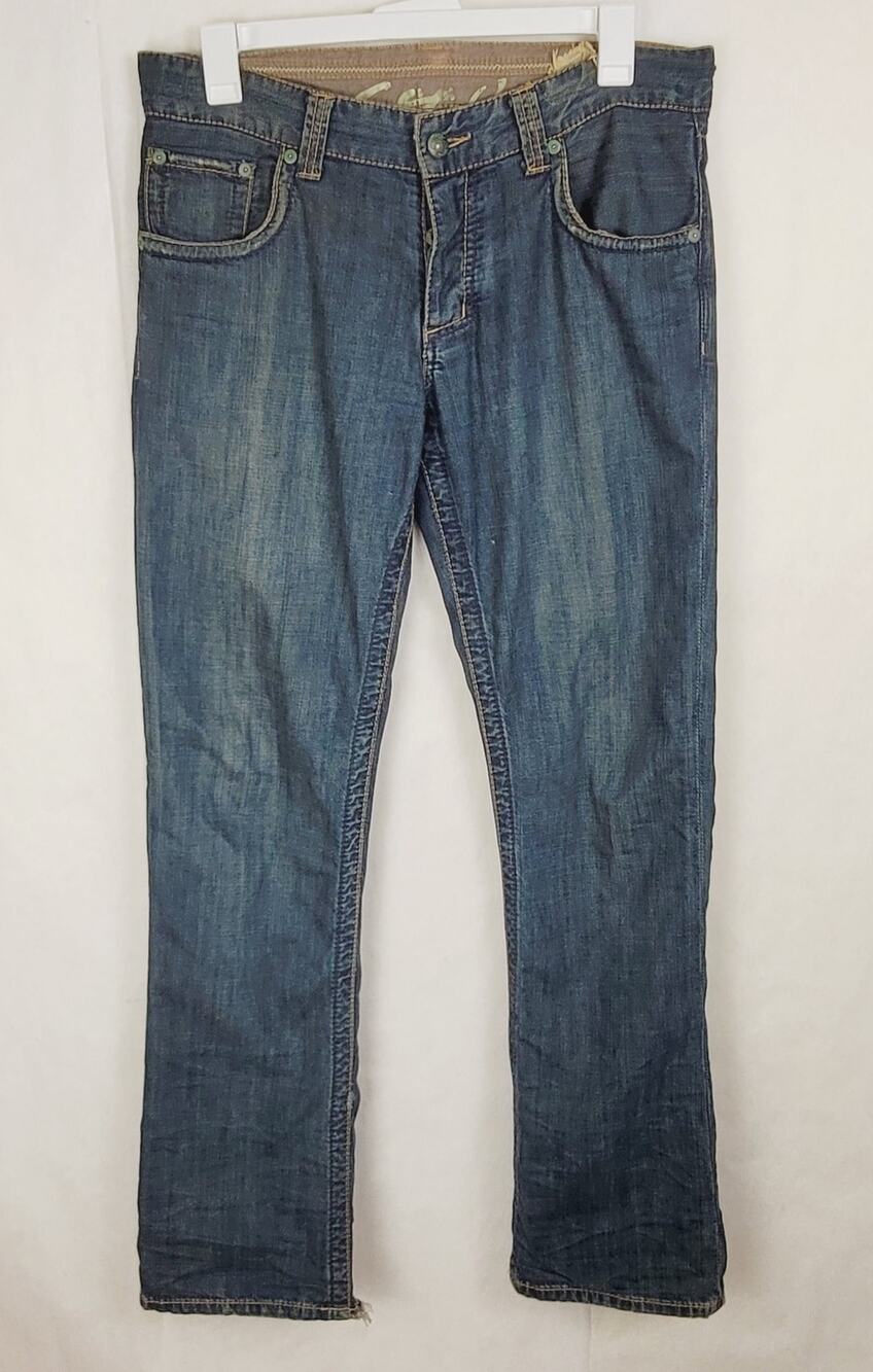 Stitch's Denim Texas blue button fly distressed jeans Size 34 Western Retro